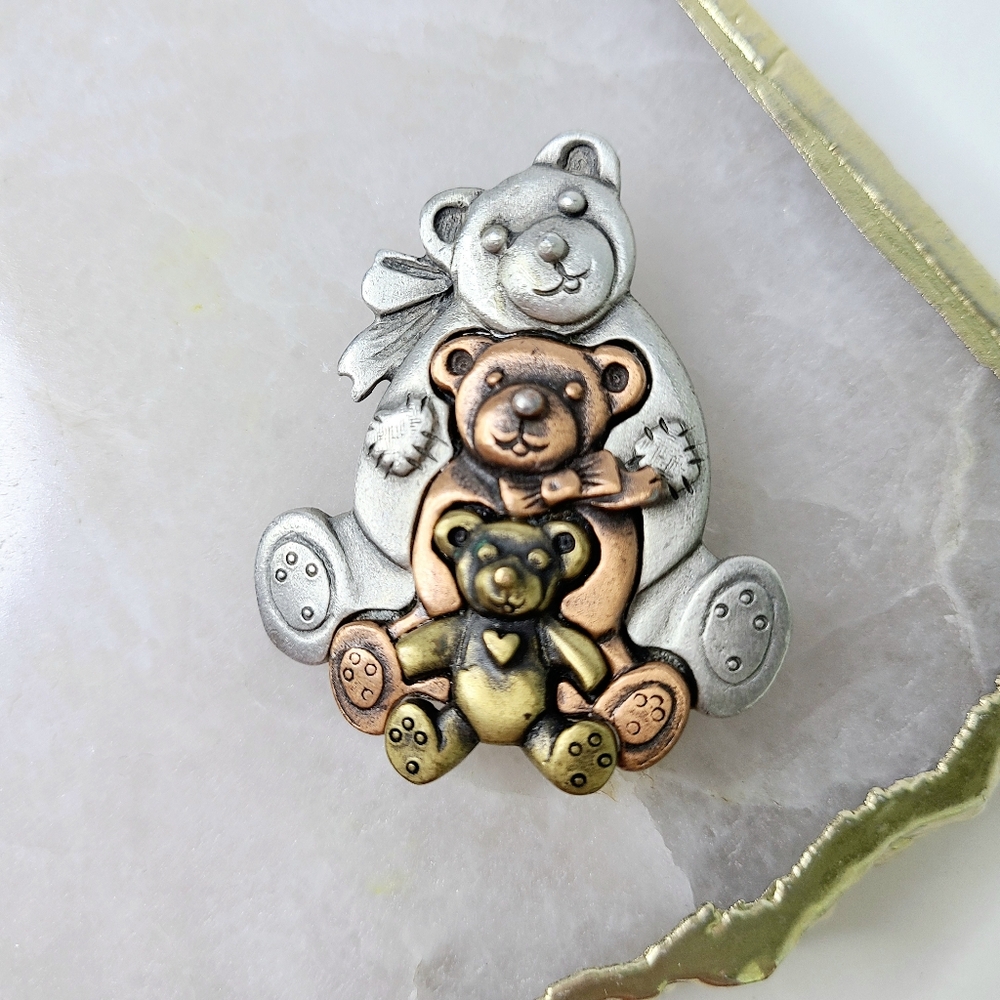 Luca Razza Teddy Bear Gold Silver Bronze Tone Color Vintage Brooch Pin